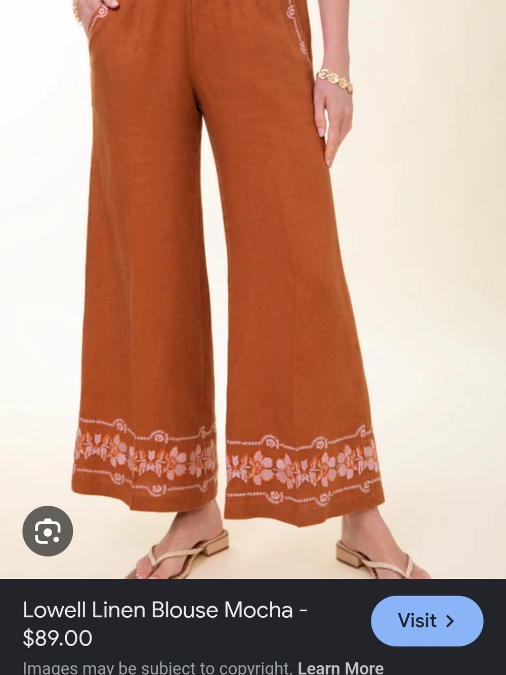 Spartina 449 Wide-Leg Linen Pants in Mocha with Embroidered Hem